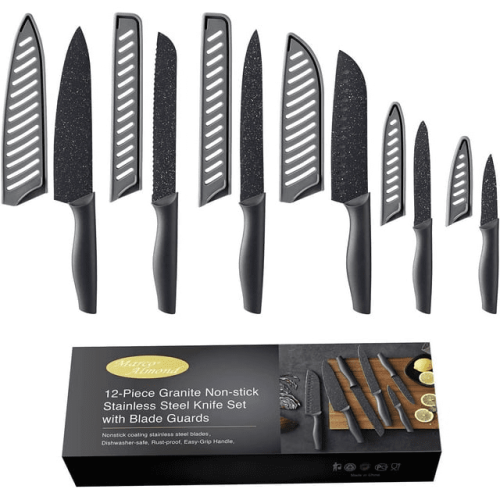 Marco Almond KYA39 12-Piece Black Kitchen Knife Set, Black Chef Knives with Sharp Blades,Blade Guards,Stainless Steel,Dishwasher Safe Marco Almond KYA39 12-Piece Black Kitchen Knife Set, Black Chef Knives with Sharp Blades,Blade Guards,Stainless Steel,Dishwasher Safe